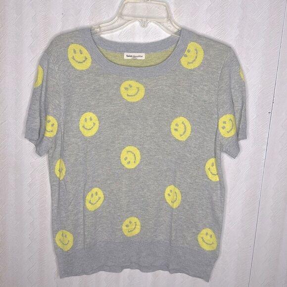 Anthropologie Gray and Yellow Smiley Face Blouse - Picture 6 of 9